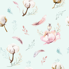 Watercolor seamless floral pattern with cotton. Bohemian natural patterns: leaves, feathers, flowers, rose boho white background. Artistic decoration illustration. Textile design