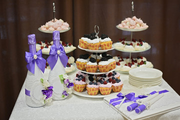 wedding decoration elements, festive table with cupcakes, bottles of champagne with blue ribbons of silk, candles and a guest book