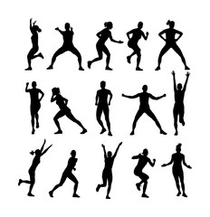 Fitness instructor training vector silhouette illustration isolated. Sport training woman, gym and lifestyle concept. Pilates girl. Athlete lady doing exercise. Warming up, workout activity.