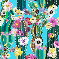 Hand painted blooming cactus, cacti, succulents, colofrul seamless pattern. Abstract cactuses with flowers, florals