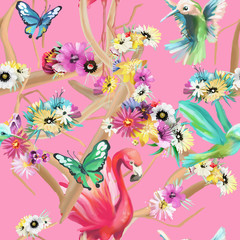 Hand painted flamingo, hummingbirds, butterflies and flowers, summer seamless pattern on pink background