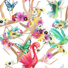 Hand painted flamingo, hummingbirds, butterflies and flowers, summer seamless pattern on white background