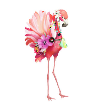 Cute and beautiful pink flamingo mexican bird with boho feathers decoration and floral bouqet, flowers wreath