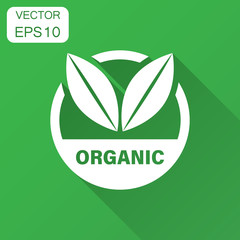 Organic label badge vector icon in flat style. Eco bio product stamp illustration with long shadow. Eco natural food concept.