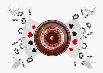 Fototapeta premium Casino background roulette wheel with playing cards, dice and chips. Online casino poker table concept design. Top view of white dice and chips on blue background. Casino sign. 3d vector illustration