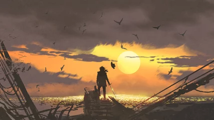 Poster de piraat met een zwaard die op de ruïnes van de boot staat en naar gouden schatten kijkt bij zonsondergang, digitale kunststijl, illustratie, schilderkunst © grandfailure