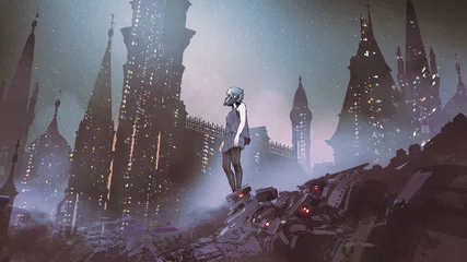 Foto auf Acrylglas cyborg woman standing on piles of electronic waste against futuristic city, digital art style, digital painting © grandfailure