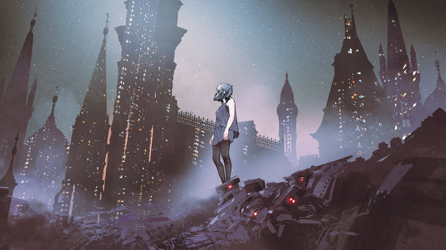 cyborg woman standing on piles of electronic waste against futuristic city, digital art style, digital painting