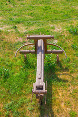 crossbow in Old fortress on the river Dniester in town Bender, Transnistria. City within the borders of Moldova under of the control unrecognized Transdniestria Republic in summer sunny day.