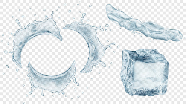 Set of translucent semicircular water splashes with drops, jet of liquid and ice cube in gray colors, isolated on transparent background. Transparency only in vector format