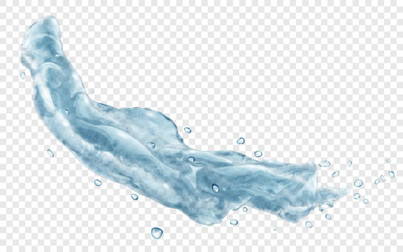 Translucent splash or jet of water with drops in gray colors, isolated on transparent background. Transparency only in vector file
