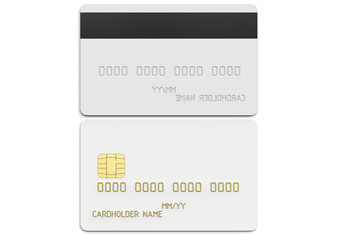 Front and back view of debit plastic card or credit card, white with gold symbols. 3D render of blank white template for mock up and presentation design. Isolated on white background.