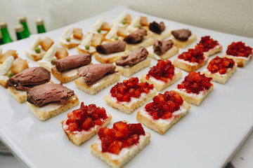 delicious small sandwiches with meat on a white plate for guests of a luxurious restaurant