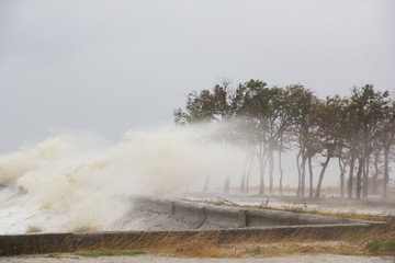 A hurricane at sea. Large waves through a concrete parapet