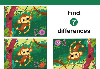 Find 7 differences education game for children, featuring a cute monkey. Vector illustration.