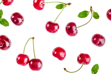Keuken foto achterwand Raw fresh cherry with water drops, simple pattern isolated on white background © ricka_kinamoto