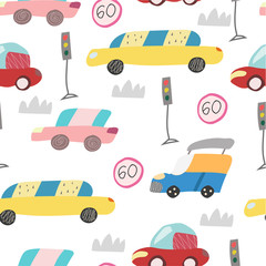 Seamless pattern with hand drawn car on the road. Scandinavian style for kids.