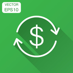 Money dollar with arrow icon in flat style. Exchange rate money illustration with long shadow. Financial strategy business concept.