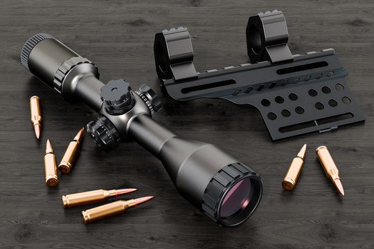 Telescopic sight, scope with bullets and mount on the wooden table. 3D rendering