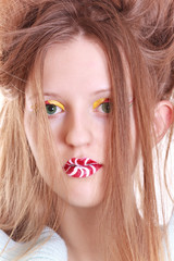 Beauty Girl Portrait with Vivid colorfull Makeup and long hair.
