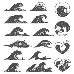 Ocean waves collection. Sea storm wave isolated. Waves, water elements set. Nature wave water storm linear style illustration