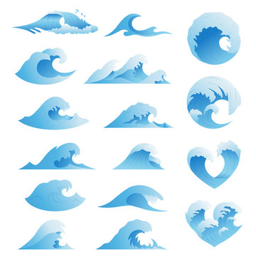 Ocean waves collection. Sea storm wave isolated. Waves, water elements set. Nature wave water storm linear style illustration