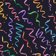 Seamless decorative patern with serpentines and confetti, colorful ribbons on dark background, vector streamer background