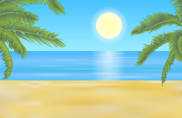 Fototapeta na wymiar Vector summer beach landscape with yellow shaded sand and detailed palm trees.