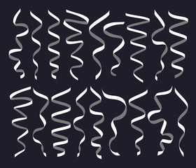 Set of different decorative serpentines, white and grey ribbon collection on dark background, vector illustration