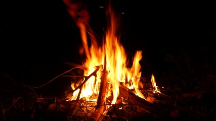 Video footage of a burning and sparking campfire at night with burning woods in 4K resolution.