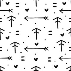 Ethnic scandinavian seamless pattern for background, textile, wrapper. Arrow, heart, dots.