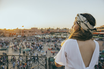 Young caucasian woman Jamaa el Fna square marrakech