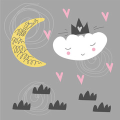 Cute scandinavian poster with cloud, moon and hearts. Kids drawing. Cartoon style.