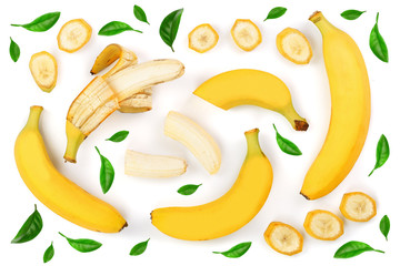 whole and sliced bananas isolated on white background. Top view. Flat lay