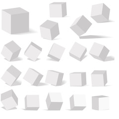 Obraz premium A set of cube icons with a perspective 3d cube model with a shadow. Isolated on a white background. Vector illustration.