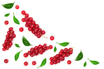 Red currant berries with leaf isolated on white background with copy space for your text. Top view. Flat lay pattern