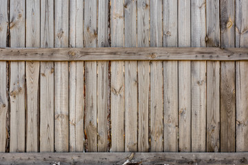 Close-up of vertical simple oak wooden fence background.  Old knotted timber wall. Vintage rustic pattern. Copyspace