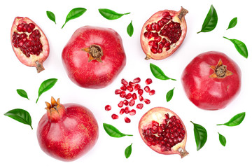pomegranate with leaves isolated on white background. Top view. Flat lay pattern