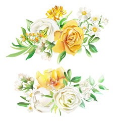 Beautiful watercolor flowers, floral bouquets, wreaths. Yellow flowers - roses, peonies, marigolds and camomille. Lush foliage and white roses. Isoltaed on white