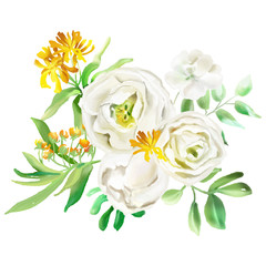 Beautiful watercolor flowers, floral bouquets, wreaths. Yellow flowers - roses, peonies, marigolds. Luch foliage and white roses. Isolated on white