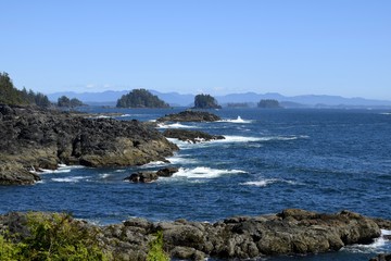 Fototapeta na wymiar view from Amphitrite Point towards the Barkley Sound and the archipelago of the Broken Group Islands, Ucluelet Vancouver Island British Columbia Canada 