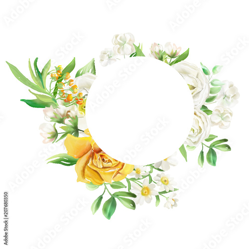 Beautiful Round Circle Frame With Watercolor Flowers Floral Bouquets Wreaths Yellow Flowers Roses Peonies Marigolds Isolated On White Wall Mural Princhipessa