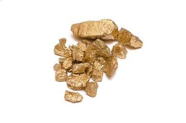 Gold nuggets isolated on the white background. Painted with gold paint granite stones.