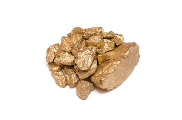 Gold nuggets isolated on the white background. Painted with gold paint granite stones.