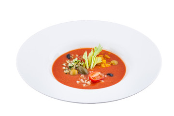 cold gazpacho soup with olives and cucumber