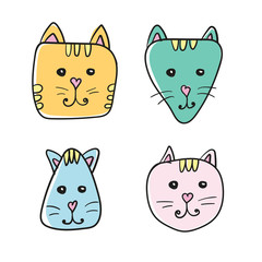Simple, hand drawn cartoon cat face icon. Four color variations. Isolated on white