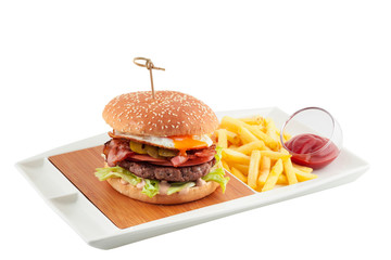 hamburger with bacon and fried eggs