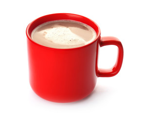 Mug with delicious hot cocoa drink on white background