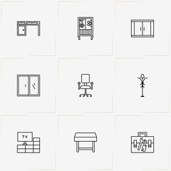 Furniture line icon set with tools box , cupboard and television stand