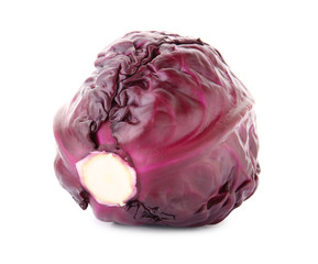 Whole ripe red cabbage on white background